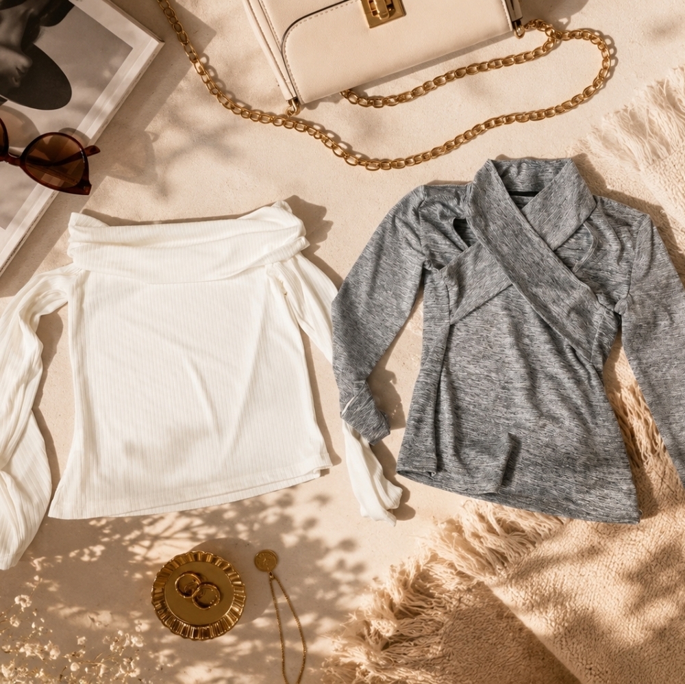 Ribbed Long Sleeve Top - Cream and Heather Gray